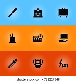 Set Of 9 School Icons Set.Collection Of Pen Holder, Formula, Learning And Other Elements.
