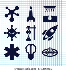 Set of 9 science filled icons such as hair removal, medical sign, bacteria, rocket, atom, sundial, brain bulb