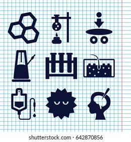 Set of 9 science filled icons such as drop counter, bacteria, hair, brain surgery, pendulum, test tube, atom