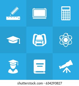 Set Of 9 Science Icons Set.Collection Of Binoculars, Calculate, Pencil And Other Elements.