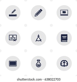 Set Of 9 Science Icons Set.Collection Of Magnet Navigator, Pencil, Textbook And Other Elements.