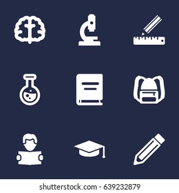 Set Of 9 Science Icons Set.Collection Of Rucksack, Flask, Textbook And Other Elements.