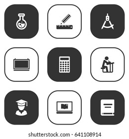 Set Of 9 Science Icons Set.Collection Of Flask, Diplomaed Male, Magnet Navigator And Other Elements.