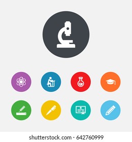 Set Of 9 Science Icons Set.Collection Of Molecule, Pencil, Academic Hat And Other Elements.