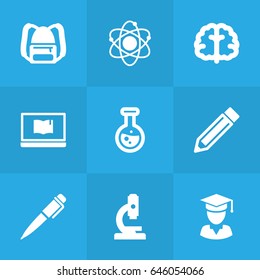 Set Of 9 Science Icons Set.Collection Of Ink, Notebook, Flask And Other Elements.