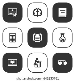 Set Of 9 Science Icons Set.Collection Of Flask, Marrow, Certificate And Other Elements.