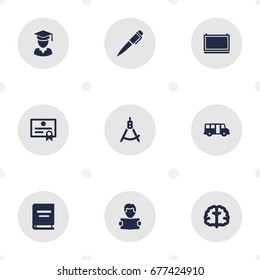Set Of 9 Science Icons Set.Collection Of Textbook, Blackboard, Diplomaed Male And Other Elements.