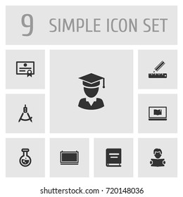 Set Of 9 Science Icons Set.Collection Of Blackboard, Certificate, Diplomaed Male And Other Elements.