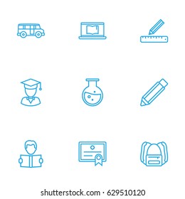 Set Of 9 Science Outline Icons Set.Collection Of Bus, Graduated, Ruler And Other Elements.