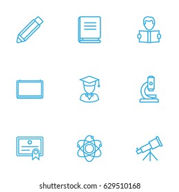 Set Of 9 Science Outline Icons Set.Collection Of Diploma, Pencil, Microscope And Other Elements.