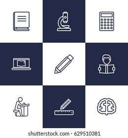 Set Of 9 Science Outline Icons Set.Collection Of Brain, Ruler, Encyclopedia And Other Elements.