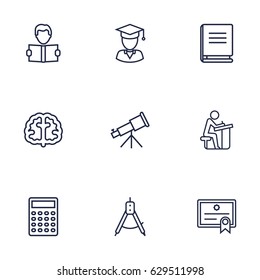 Set Of 9 Science Outline Icons Set.Collection Of Pupil, Brain, Encyclopedia And Other Elements.