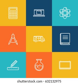 Set Of 9 Science Outline Icons Set.Collection Of Bus, Test Tube, Atom And Other Elements.