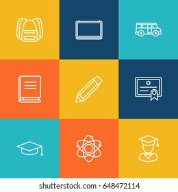 Set Of 9 Science Outline Icons Set.Collection Of Backpack, Atom, Encyclopedia And Other Elements.