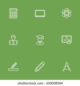 Set Of 9 Science Outline Icons Set.Collection Of Ruler, Diploma, Atom And Other Elements.