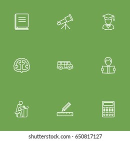 Set Of 9 Science Outline Icons Set.Collection Of Bus, Calculator, Learning And Other Elements.