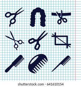 Set of 9 scissors filled icons such as comb, barber scissors, hairstyle