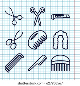 Set of 9 scissors outline icons such as comb, barber scissors, hairstyle