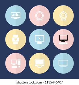 Set of 9 screen filled icons such as roulette, display, pc, heart rate watch, pointer on display, tv