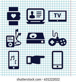 Set of 9 screen filled icons such as joystick, pointing, laptop, phone, dvd player, mobile phone music, mp3 player, tv