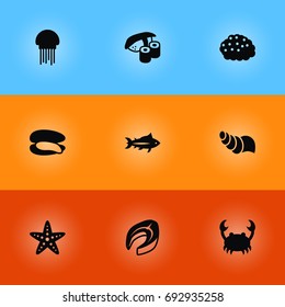 Set Of 9 Sea Icons Set.Collection Of Roe, Lobster, Beefsteak And Other Elements.