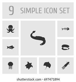 Set Of 9 Sea Icons Set.Collection Of Calamary, Medusa, Devilfish And Other Elements.