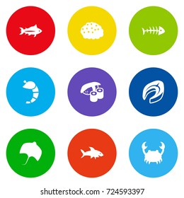 Set Of 9 Sea Icons Set.Collection Of Remains, Japanese Roll, Tunny And Other Elements.