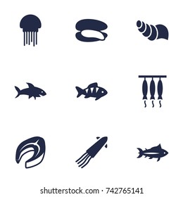 Set Of 9 Sea Icons Set.Collection Of Sink, Shell, Medusa And Other Elements.