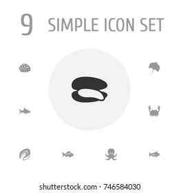 Set Of 9 Sea Icons Set.Collection Of Beefsteak, Shark, Roe And Other Elements.