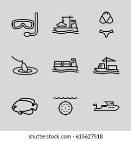 set of 9 sea outline icons such as fish, boat, cargo ship, swimsuit, aqualung, fishing