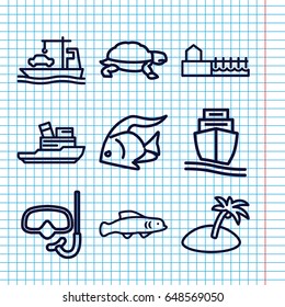Set of 9 sea outline icons such as fish, turtle, cargo ship, avenue, island, boat, extinct fish