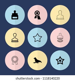 Set of 9 seal filled and outline icons such as stamp, award, star