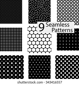 Set of 9 Seamless black dotted patterns. Vector eps10