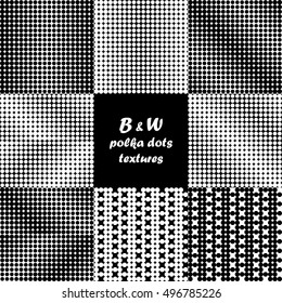 Set of 9 seamless black and white polka dot pattern. Repeating background. Cloth design, wallpaper. 