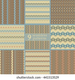 Set of 9 seamless color patterns with ethnic motifs. Graphic tribal prints with zigzags and dots. Various abstract geometric ornaments. Vector illustration for beautiful creative design