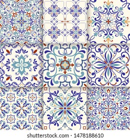 Set of 9 Seamless colorful pattern in turkish style. Vintage decorative elements. Hand drawn background. Islam, Arabic, Indian, Ottoman motifs. Perfect for printing on fabric or paper, ceramic tile