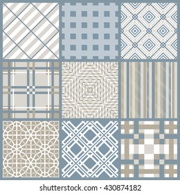 Set of 9 seamless geometric pattern in blue, brown and white. Can be used for ceramic tile, wallpaper, linoleum, surface textures, web page background.