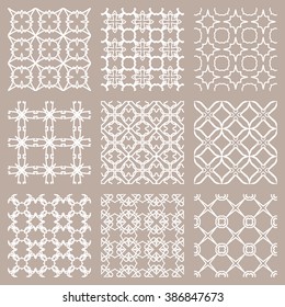 Set of 9 seamless linear patterns with thin lines. Stylish geometric backgrounds collection, line art. Tribal ethnic ornament in arabic style. Contemporary graphic design.