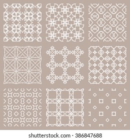 Set of 9 seamless linear patterns with thin lines. Stylish geometric backgrounds collection, line art. Tribal ethnic ornament in arabic style. Contemporary graphic design.
