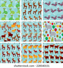 Set of 9 seamless pattern with funny farm animals on  blue background. vector
