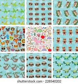 Set of 9 seamless pattern with funny animals on  blue background. vector