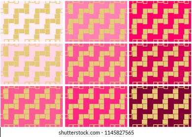 Set of 9 seamless pattern textures of golden rectangular geometric shapes over pink shades background template Vector illustration