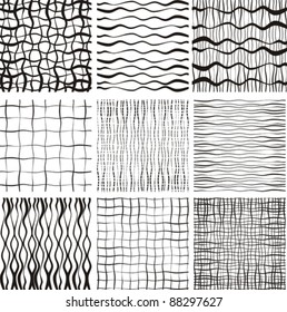 Set of 9 seamless patterns. Monochrome geometrical patterns. Vector