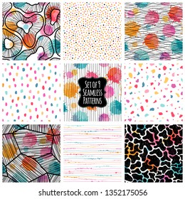 Set of 9 seamless patterns. Simple abstract backgrounds. Freehand drawing