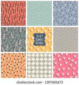 Set of 9 seamless patterns. Simple abstract backgrounds. Freehand drawing