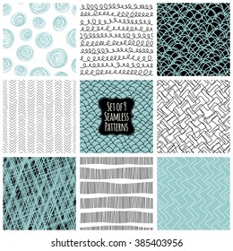 Set of 9 seamless patterns. Set with simple abstract backgrounds. Freehand drawing.