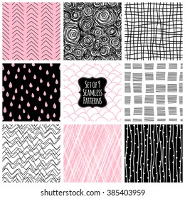 Set of 9 seamless patterns. Set with simple abstract backgrounds. Freehand drawing.