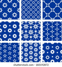 Set of 9 seamless patterns with stars in blue and white