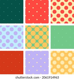 
A set of 9 seamless polka dot seamless vector patterns in bright colours, different dot size