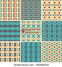 Set of 9 seamless retro patterns. Beautiful graphic prints with triangular and trapezoidal elements. Abstract geometric ornaments in vintage colors. Vector illustration for stylish creative design